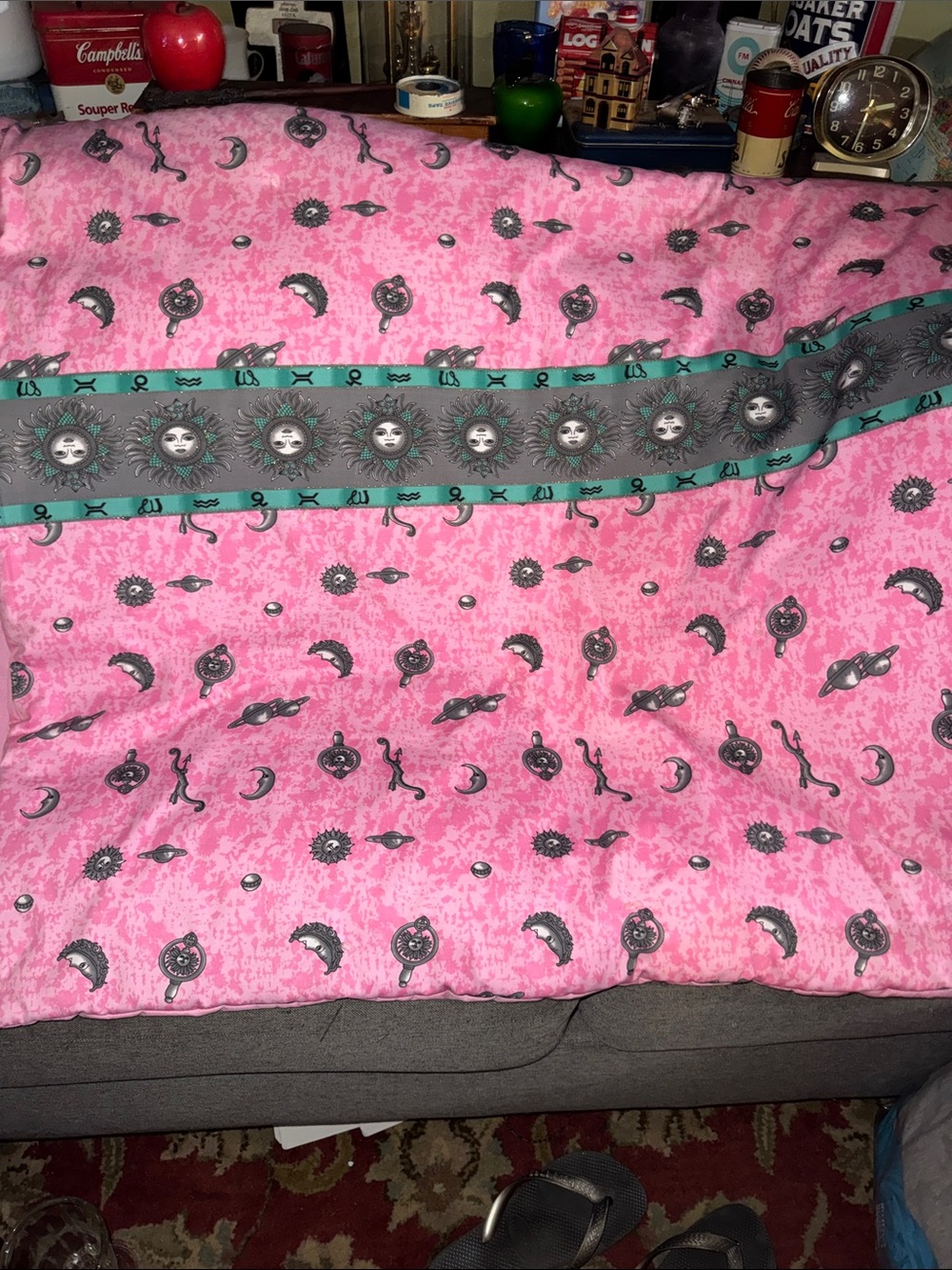 Vintage 90s Celestial Sun Moon Stars Quilted Throw Blanket Pink Teal Retro 36x62